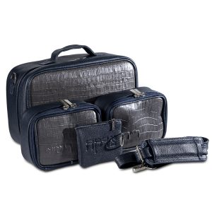 Compact Premium Leather Tallit & Tefillin Case Set (Rashi & Rabbeinu Tam) - "Traveling" Model | Steel-Gray Croco Leather with Luxurious Dark Blue