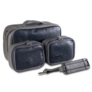 Compact Premium Leather Tallit & Tefillin Case Set (Rashi & Rabbeinu Tam) - "Traveling" Model | Dark Blue Woven Leather with Luxurious Gray