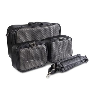 Compact Premium Leather Tallit & Tefillin Case Set (Rashi & Rabbeinu Tam) - "Traveling" Model | Luxurious Black Leather with Graphite-Gray Woven Leather