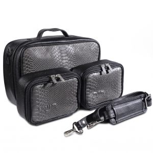 Compact Premium Leather Tallit & Tefillin Case Set (Rashi & Rabbeinu Tam) - "Traveling" Model | Gray Python-Textured Leather with a Luxurious Black Casing