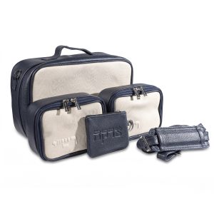 Compact Premium Leather Tallit & Tefillin Case Set (Rashi & Rabbeinu Tam) - "Traveling" Model | Luxurious Dark Blue Leather and Cream Leather with a Flowing Wave Texture