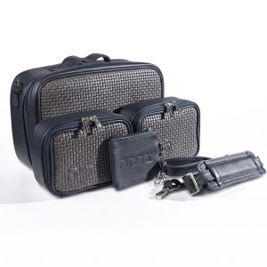 Compact Premium Leather Tallit & Tefillin Case Set (Rashi & Rabbeinu Tam) - "Traveling" Model | Dark Blue Leather with Graphite-Gray Woven Leather