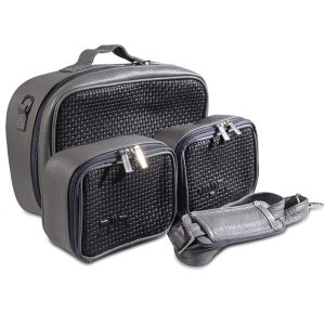 Compact Premium Leather Tallit & Tefillin Case Set (Rashi & Rabbeinu Tam) - "Traveling" Model | Black Woven Leather with Luxurious Gray