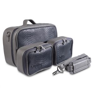 Compact Premium Leather Tallit & Tefillin Case Set (Rashi & Rabbeinu Tam) - "Traveling" Model | Luxurious Gray Leather with Dark Blue Python Texture