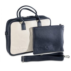 Compact Premium Leather Tallit & Tefillin Case Set - Dark Blue with Fine-Textured Cream Leather