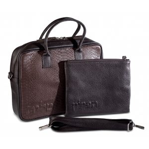Compact Premium Leather Tallit & Tefillin Case Set - Rich Brown with Exotic Python Texture