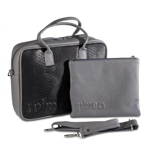 Compact Premium Leather Tallit & Tefillin Case Set - Matte Silver-Gray with Black Python