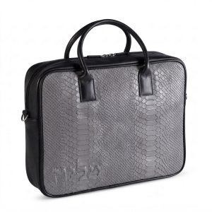 Compact Premium Leather Tallit & Tefillin Case Set - Rich Black with Exotic Gray Python Front