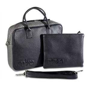 Compact Premium Leather Tallit & Tefillin Case Set - Classic Black with Matte Silver-Gray Woven Leather