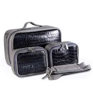 Compact Premium Leather Tallit & Tefillin Case Set (Rashi & Rabbeinu Tam) - "Traveling" Model | Gray Combined with Luxurious Black Croco