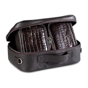 Compact Premium Leather Tallit and Tefillin Bag Set (Rashi and Rabbeinu Tam) - "Traveling" Model | Deep Brown with Luxurious Chocolate-Brown Croco