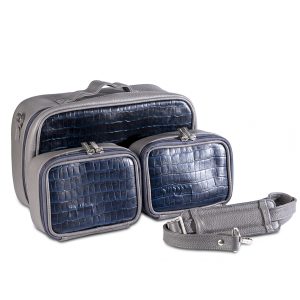 Compact Premium Leather Tallit and Tefillin Bag Set (Rashi and Rabbeinu Tam) - "Traveling" Model | Gray with Luxurious Deep-Blue Croco