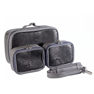 Compact Premium Leather Tallit and Tefillin Bag Set (Rashi and Rabbeinu Tam) - "Traveling" Model | Gray with Luxurious Black Python Texture