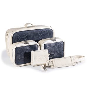 Compact Premium Leather Tallit & Tefillin Case Set - "Traveling" Model | Cream with a Blue Python Front