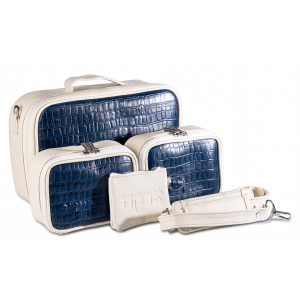 Compact Premium Leather Tallit and Tefillin Bag Set (Rashi and Rabbeinu Tam) - "Traveling" Model | Cream with Luxurious Deep-Blue Croco Texture