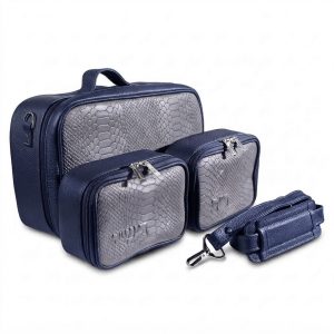 Compact Premium Leather Tallit & Tefillin Case Set (Rashi & Rabbeinu Tam) - "Traveling" Model | Steel-Gray Python Leather with Luxurious Dark Blue