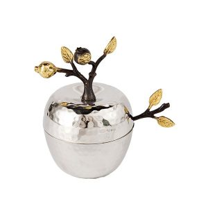 Designer Honey Dish - Hammered Aluminum with Pomegranate Branch Handle, Includes Matching Spoon