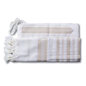 Elegant Wool Tallit with Shiny Beige and Gold Stripes