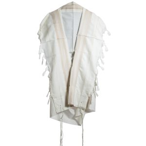 Elegant Wool Tallit with Shiny Beige and Gold Stripes