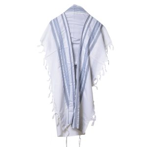 Elegant Wool Tallit in White with Light Blue and Silver Stripes