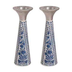 Tall Cone Shabbat Candlesticks in Blue and White