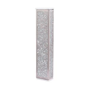 Wide Mezuzah Case with Pomegranates, Stainless Steel