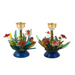 Small Fountain Shabbat Candlesticks with Flowers