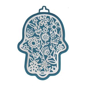 Large Blue Hamsa with Silver Flowers