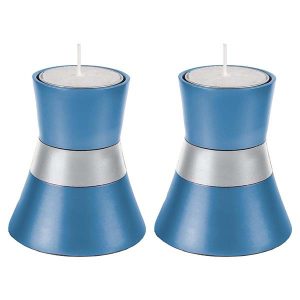 Light Blue Tea Light Candlesticks with Silver Band