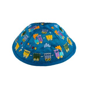 Children's Kippah with Trains, Blue