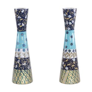 Large Hand-Painted Shabbat Candlesticks - Blue and Light Blue Stripes