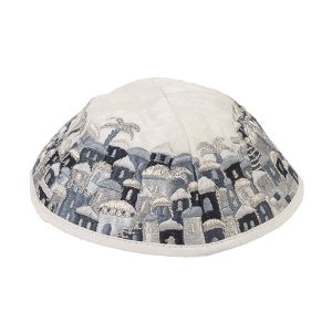 Embroidered Jerusalem Kippah, Black and Gray