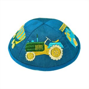 Children's Kippah with Trucks and a Tractor, Blue