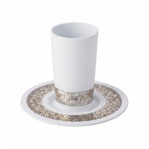 White Kiddush Cup with Silver Jerusalem Band