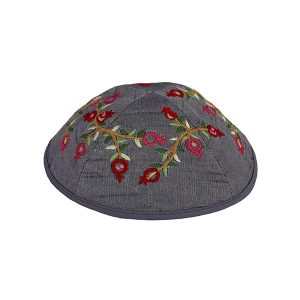Embroidered Kippah with Pomegranates, Gray