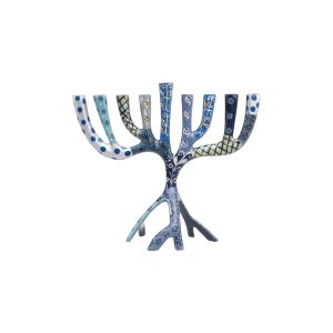 Small Tree Hanukkah Menorah with Blue Stripes