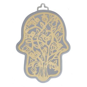Large Silver Hamsa with Copper-Toned Bird Tree