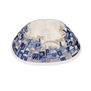 Embroidered Jerusalem Kippah, Blue