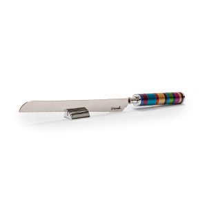 Challah Knife with Colorful Rings on Stand