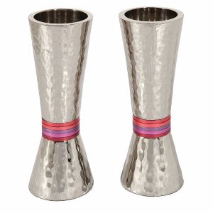 Hourglass Shabbat Candlesticks with Burgundy Rings