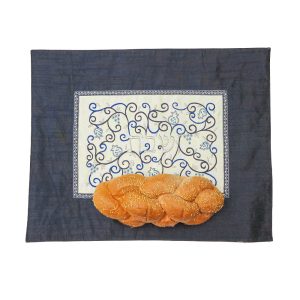 Challah Cover with Embroidered Center - Dark Blue and White