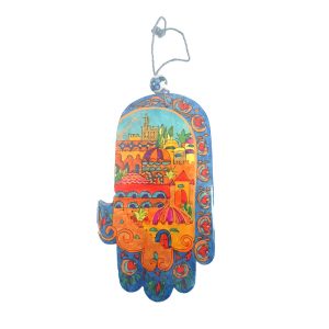 Large Wooden Hamsa with Oriental Jerusalem