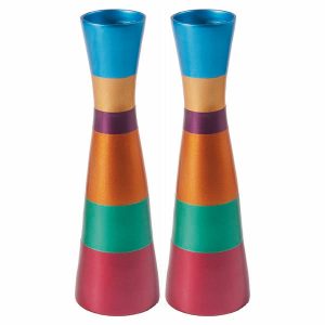 Large Shabbat Candlesticks with Colorful Stripes