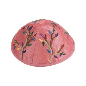 Embroidered Kippah with a Tree of Life, Pink