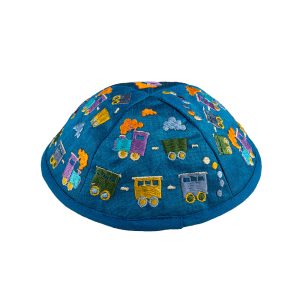 Children's Kippah with Trains, Blue