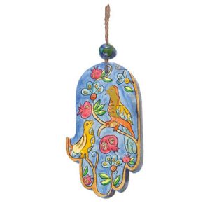 Small Wooden Hamsa with Birds and Pomegranates