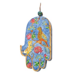Large Wooden Hamsa with Yellow Birds and Pomegranates