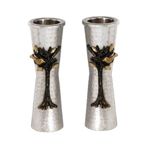 Large Stainless Steel Shabbat Candlesticks with Tree of Life
