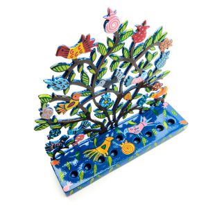 Painted Hanukkah Menorah with Pomegranates and Birds