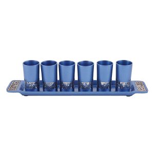 Kiddush Cups Set with Pomegranates Cutout in Blue